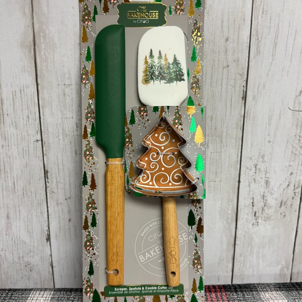 The Bakehouse Christmas Tree Themed Scraper, Spatula & Cookie Cutter Set NWT